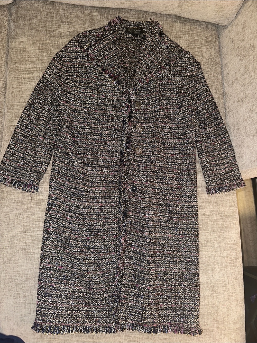 St. John Multicolor Bouclé Long Pea Coat with Fringe Trim